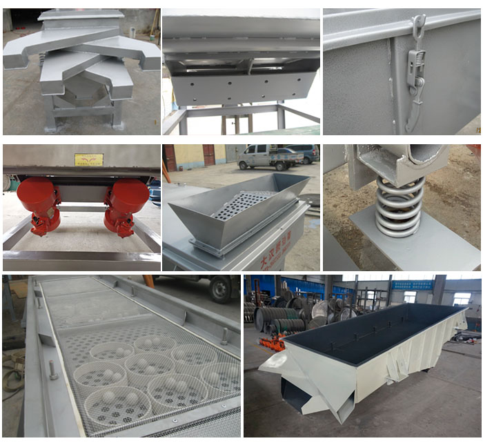 多層直線(xiàn)振動(dòng)篩由進(jìn)料口,底座,振動(dòng)電機(jī),篩網(wǎng),篩框,彈簧,出料口等組成。