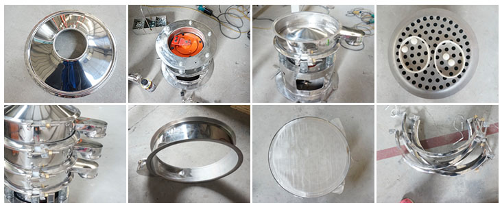 不銹鋼振動篩結(jié)構(gòu)展示：防塵蓋，出料口，閘門，篩網(wǎng)于彈跳球，底座，振動彈簧等。