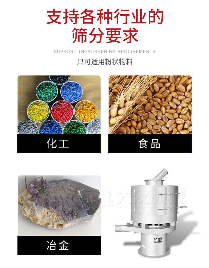 氣流篩用于礦粉，石墨粉，活性納米碳酸鈣，鋁灰，大豆粉，碳酸重鈣，石墨粉，木粉，干草，重金石粉，藥粉末，橡膠顆粒，草酸鹽，干料粉，木粉，聚酯粉，干粉，塑料，金屬粉末，橡膠粉，粉煤灰，石墨粉，陶瓷粉，鋅粉，石英粉，石灰粉，鐵粉，金屬硅粉等。