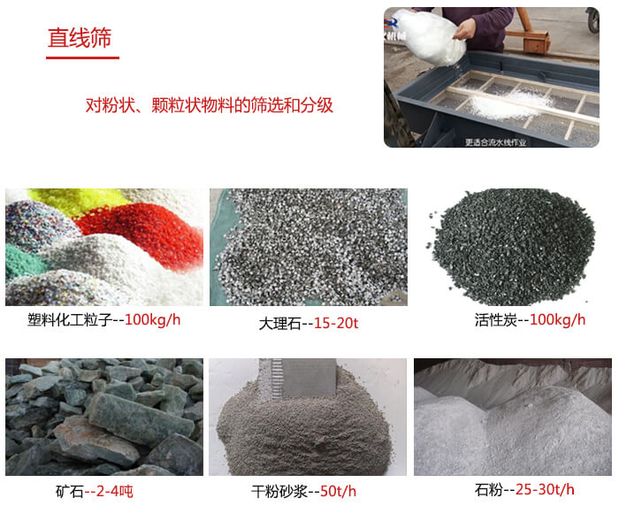 直線篩使用范圍：石英砂，砂石，煤炭，生石灰，化肥顆粒等物料展示圖