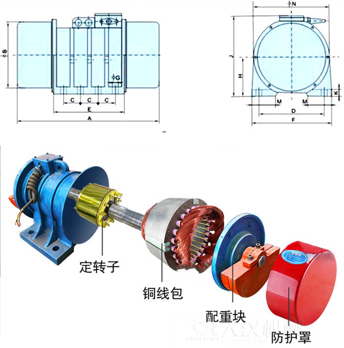ZFB倉壁振動器外形尺寸字母代表：A為整機(jī)長度F為整機(jī)寬度B為主機(jī)寬度等。結(jié)構(gòu)：定轉(zhuǎn)子，銅線包，配重塊，防護(hù)罩等。