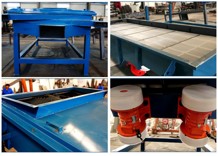 方形振動(dòng)篩出料口，篩網(wǎng)和網(wǎng)架，進(jìn)料口，振動(dòng)電機(jī)等細(xì)節(jié)展示。