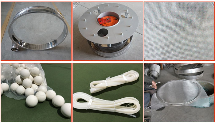 800型全不銹鋼振動篩配件有：振動篩篩框，電機，不銹鋼篩網(wǎng)等。