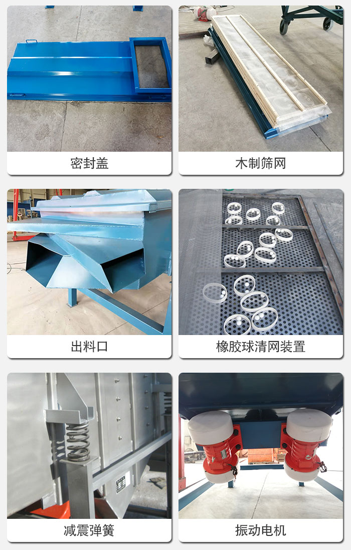 直線篩結(jié)構(gòu)展示：篩網(wǎng)，篩箱，振動電機，振動電機座，減震彈簧，支架等部件展示圖