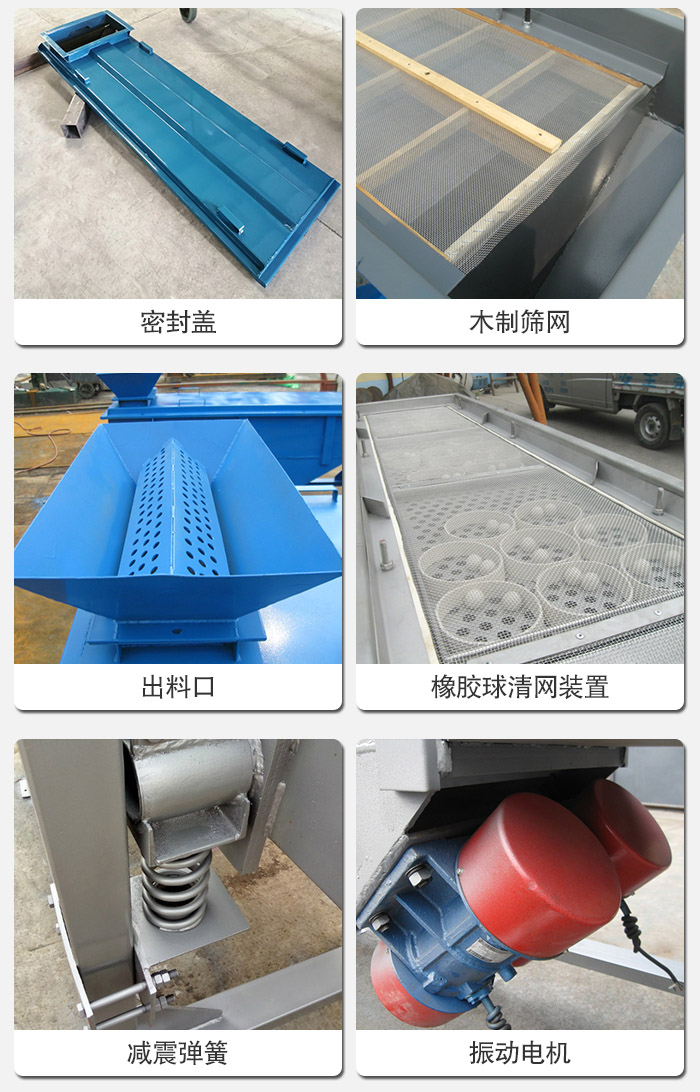 直線篩分機的結(jié)構(gòu)展示圖：篩箱是物料主要篩分設(shè)備之一，篩網(wǎng)用于篩分物料，振動電機幫助篩網(wǎng)篩分。