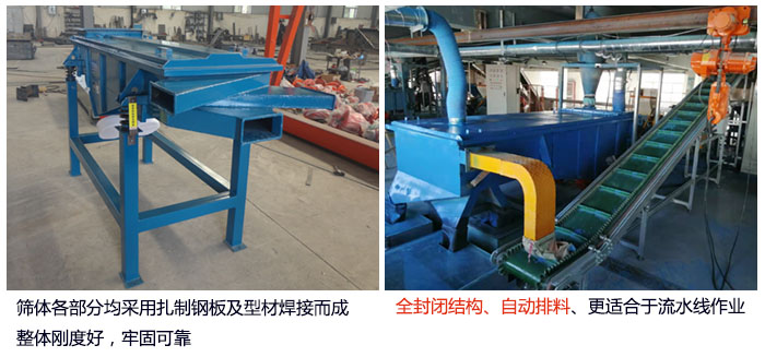 直線篩分機篩體各部分均采用扎制鋼板及型材焊接而成整體剛度好，牢固可靠；全封閉結(jié)構(gòu)、自動排料、更適合于流水線作業(yè)。
