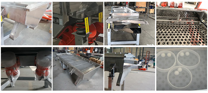 不銹鋼直線篩不同定制出料口，電機(jī)，篩網(wǎng)，篩箱，彈跳球等部件細(xì)節(jié)展示