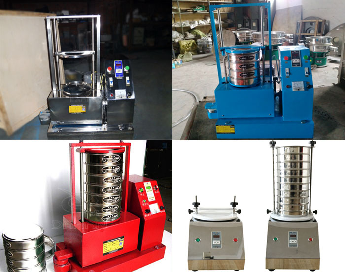 三種不同類型的試驗(yàn)篩，區(qū)別控制臺在下部或在右側(cè)。材質(zhì)為不銹鋼和碳鋼兩種，碳鋼材質(zhì)做了噴漆有：紅色和藍(lán)色兩種。