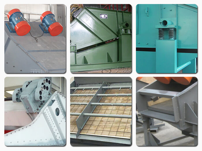 礦用振動(dòng)篩主要由激振器、篩體、篩網(wǎng)、減振裝置及座架等組成。篩箱由篩框、篩板、襯板等組成