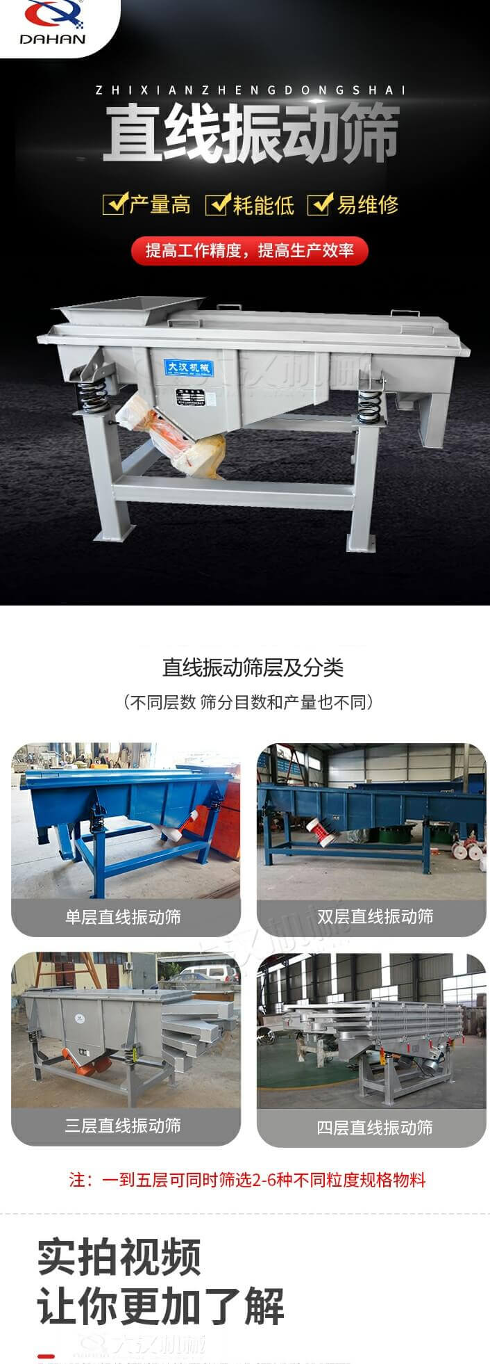 直線振動(dòng)篩概述，產(chǎn)量高，耗能低，易維修，提高工作精度，提高生產(chǎn)效率，直線振動(dòng)篩層級(jí)分類：不同層數(shù)，篩分目數(shù)和產(chǎn)量也不同：?jiǎn)螌?，雙層，三層，四層等。