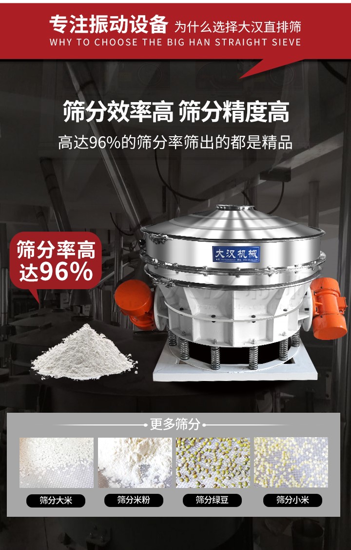 直排篩適用物料有面粉，淀粉，洗衣粉，金屬粉，添加劑，化工，非礦等行業(yè)。