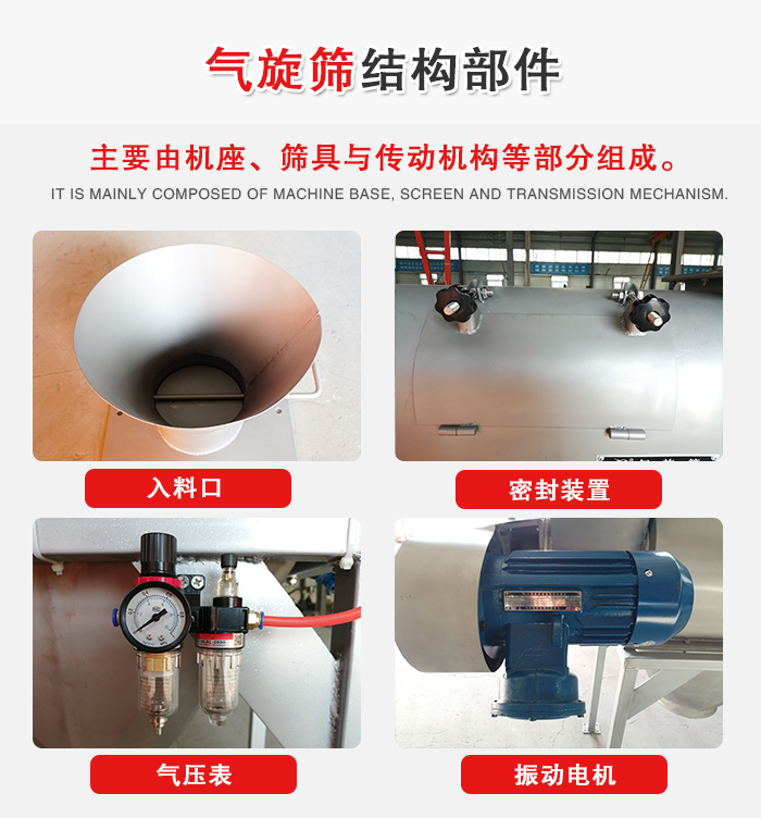 氣旋篩結(jié)構(gòu)：入料口，密封裝置，電機(jī)，氣壓表等
