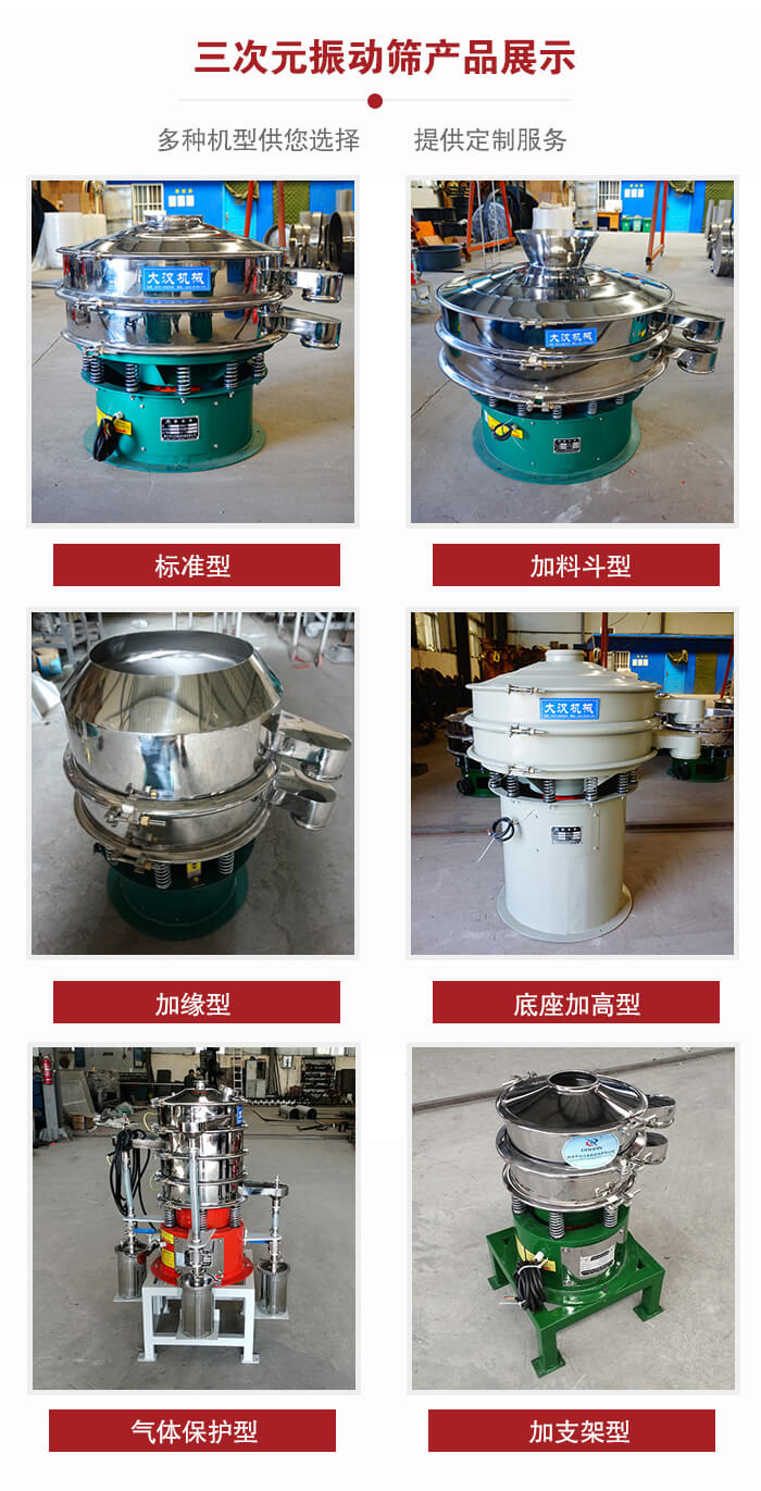 三次元振動(dòng)篩不同結(jié)構(gòu)展示：標(biāo)準(zhǔn)型，加料斗型，加緣型，底座加高型，氣體保護(hù)型，加支架型。