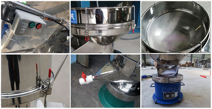 過濾篩細節(jié)展示：控制開關，篩框，出料口閥門，底座等