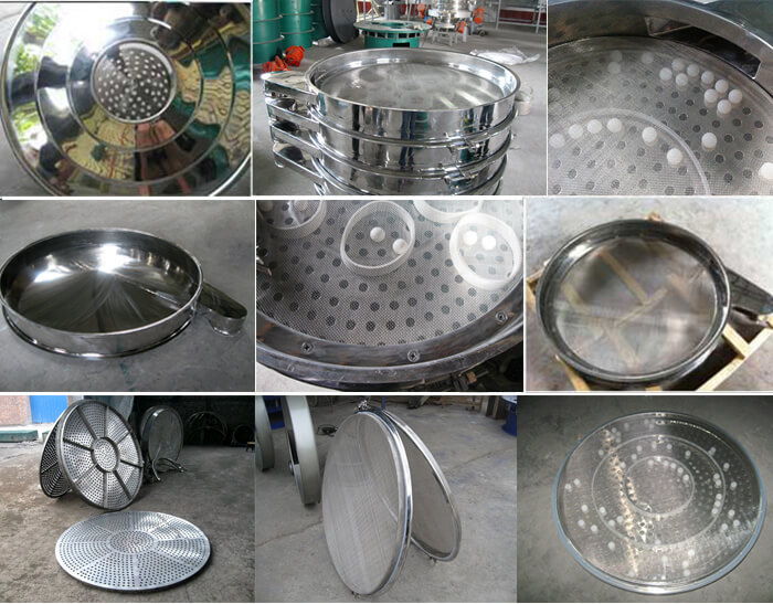 食品振動篩細節(jié)展示：防塵蓋，篩框，網(wǎng)架，底框等。